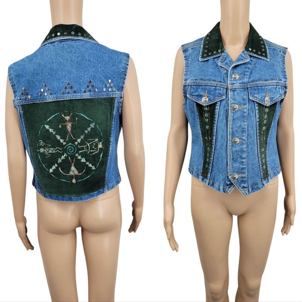 Patricia Wolf Vintage Studded Denim Green Leather Vest Western Native American